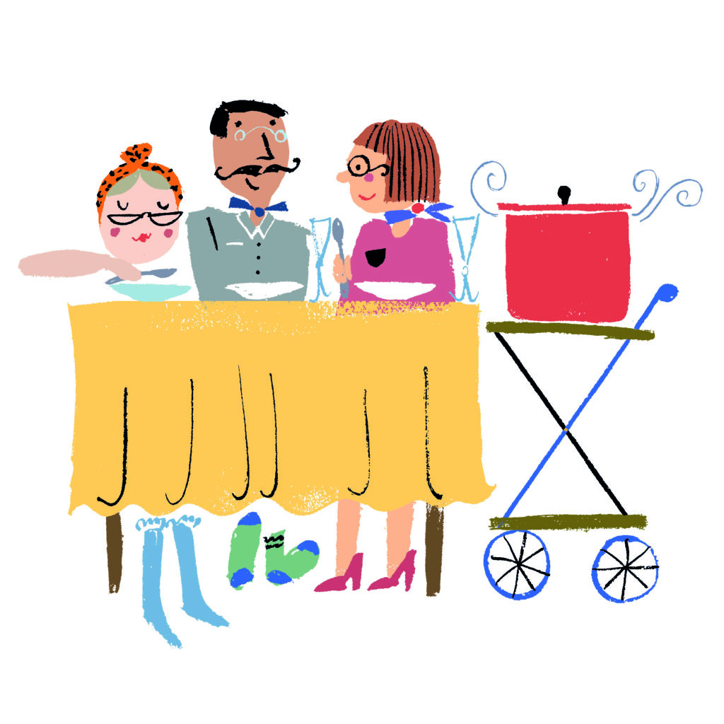 Piirroskuva kolmesta ihmishahmosta ruokapöydän ja höyryävän kattilan äärellä.